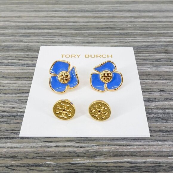 Tory Burch Fleur Flower Stud Earrings Blue OS - Picture 6 of 13